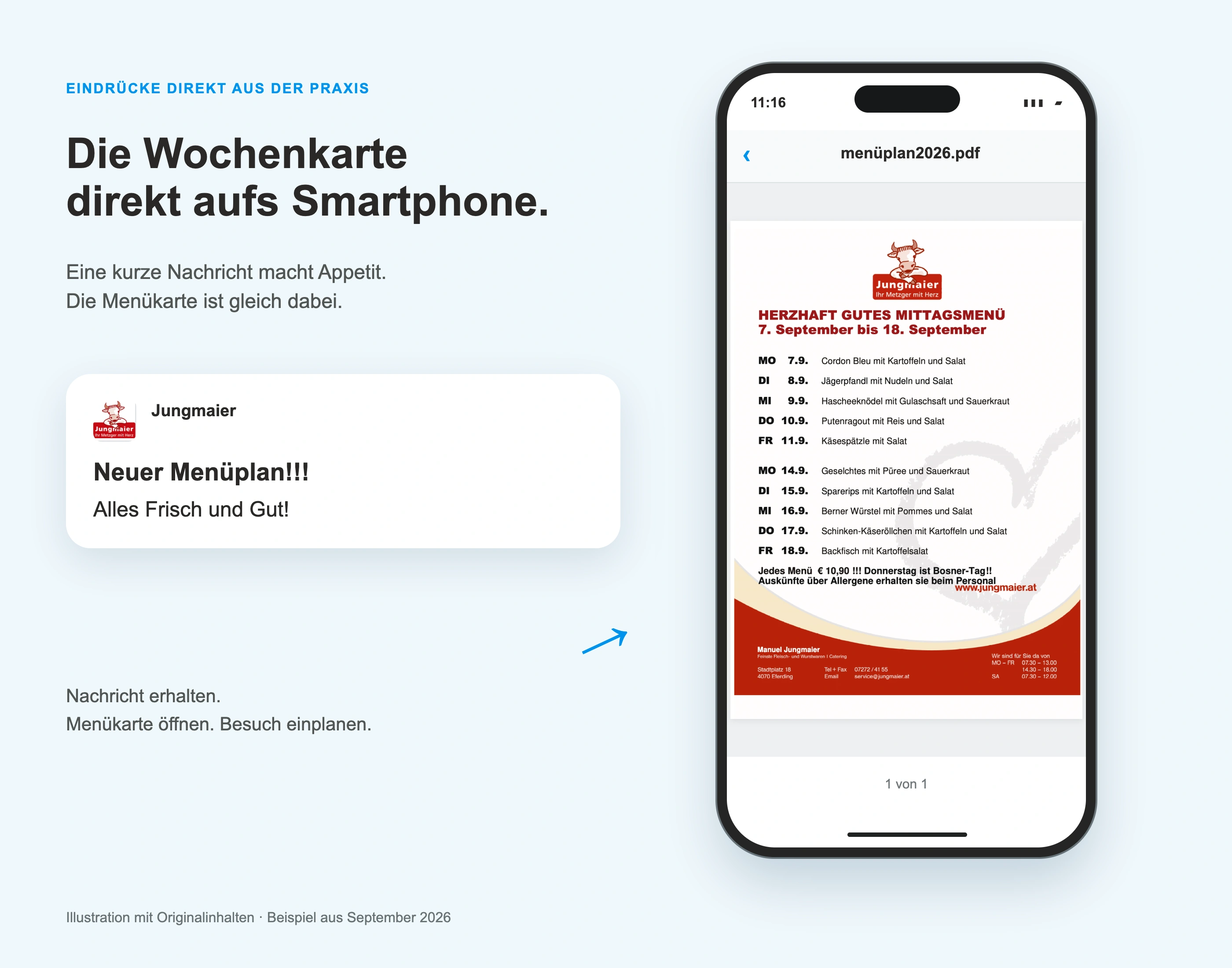 Jungmaiers Menükarte im Smartphone und die kurze Originalnachricht als illustrierte Push-Mitteilung.